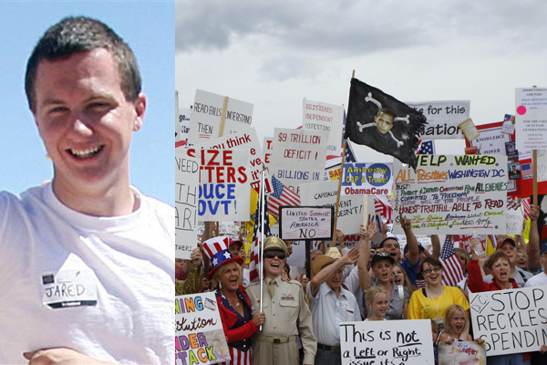 People hold signs during a "tea party" protest in Flagstaff, Arizona August 31, 2009. Organizers say the event is an effort to work against members of Congress who voted for higher spending and taxes. REUTERS/Joshua Lott (UNITED STATES BUSINESS IMAGES OF THE DAY CONFLICT POLITICS) (Â© Joshua Lott / Reuters)