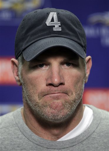 Minnesota Vikings quarterback Brett Favre speaks to the media after an NFL football game against the Detroit Lions in Detroit, Sunday, Jan. 2, 2011. The Lions won 20-13. (AP Photo/Paul Sancya) (AP)