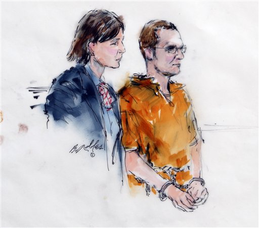 In this artist rendering, Jared Lee Loughner, right, makes a court appearance with his lawyer, Judy Clarke, at the Sandra Day O'Connor United States Courthouse in Phoenix, Ariz., Monday, Jan. 24, 2011. Loughner pled not guilty to charges he tried to kill U.S. Rep. Gabrielle Giffords, D-Ariz, in a shooting rampage that left six people dead. (AP Photo/Bill Robles) (AP)
