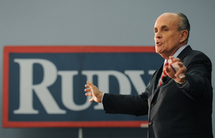 Then Republican presidential hopeful, former New York City Mayor Rudy Giuliani, speaking during a rally in Polk City, Fla., Sunday, Jan. 20, 2008.