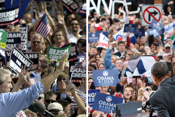 U.S. President George W. Bush is cheered by supporters at a "Victory 2004" election rally in Holland, Michigan, September 13, 2004. Bush is campaigning on a bus tour throughout Michigan before heading to Colorado later in the day. REUTERS/Jason Reed US ELECTION  JIR (Â© Reuters Photographer / Reuters)