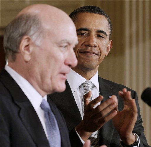 President Barack Obama applauds as his new White House Chief of Staff William Daley makes a statement in the East Room of the White House, Thursday, Jan. 6, 2011 in Washington. (AP Photo/Carolyn Kaster) (AP)