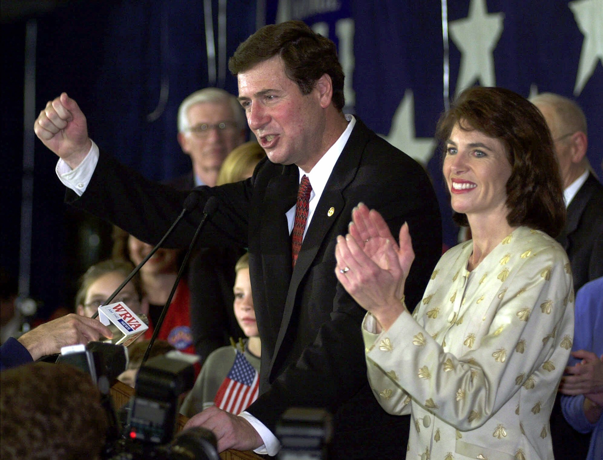 Senate candidate George Allen reacts to the cheers of the victory party along with his wife, Susan, in Richmond, Va., Tuesday, Nov. 7, 2000.