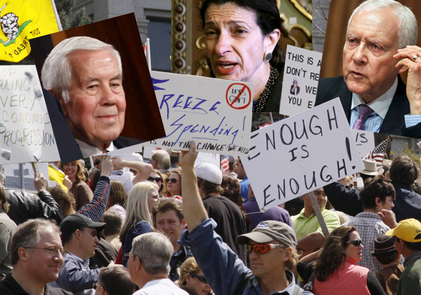 People wave signs at a "tea party" protest on the grounds of the Colorado tate capitol in Denver April 15, 2009. Protests were held in many U.S. cities loosely inspired by the 1773 Boston Tea Party rebellion against British colonial taxes, which helped spark the American revolution. The crowds demonstrated against taxes, government bailouts and U.S. President Barack Obama's budget proposal. REUTERS/Rick Wilking (UNITED STATES POLITICS CONFLICT BUSINESS) (Â© Rick Wilking / Reuters)