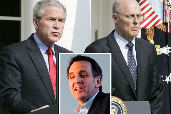 U.S. President George W. Bush announces his choice of Chairman of Goldman Sachs Group Inc. Henry M. Paulson (R) as his nominee to replace Secretary of Treasury John Snow, in the Rose Garden of the White House May 30, 2006.     REUTERS/Larry Downing (Â© Larry Downing / Reuters)