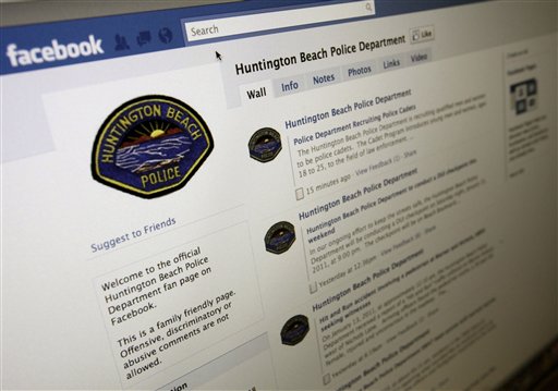 A Facebook page for the Huntington Beach, Calif., Police Department is shown Friday Jan. 14, 2011. The Huntington Beach Police could soon be trying electronic shaming as a way of keeping drunken drivers off the road. A councilman in Huntington Beach wants police to begin posting on Facebook the mug shots of everyone who is arrested more than once for driving while under the influence. (AP Photo/Richard Vogel) (AP)