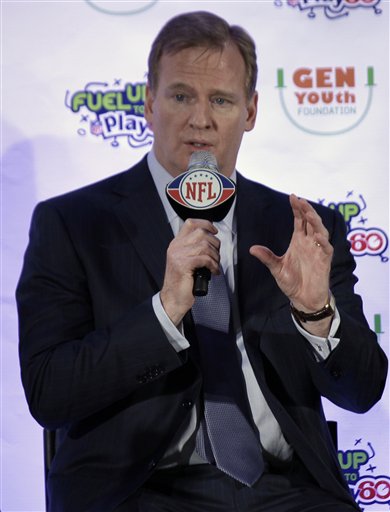 NFL Commissioner Roger Goodell answers a question about falling ice at Cowboys Stadium while taking part in a news conference to launch the Gen YOUth Foundation at the NFL football Super Bowl XLV Media Center in Dallas, Friday, Feb. 4, 2011. The Green Bay Packers and Pittsburgh Steelers will face each other in Super Bowl XLV Sunday. (AP Photo/David J. Phillip) (AP)