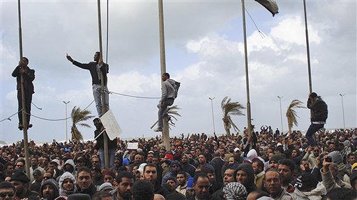 This photograph, obtained by The Associated Press outside Libya and taken by an individual not employed by AP, shows people gathering during recent days' unrest in Benghazi, Libya. (AP Photo) EDITOR'S NOTE: THE AP HAS NO WAY OF INDEPENDENTLY VERIFYING THE EXACT CONTENT, LOCATION OR DATE OF THIS IMAGE. (AP)