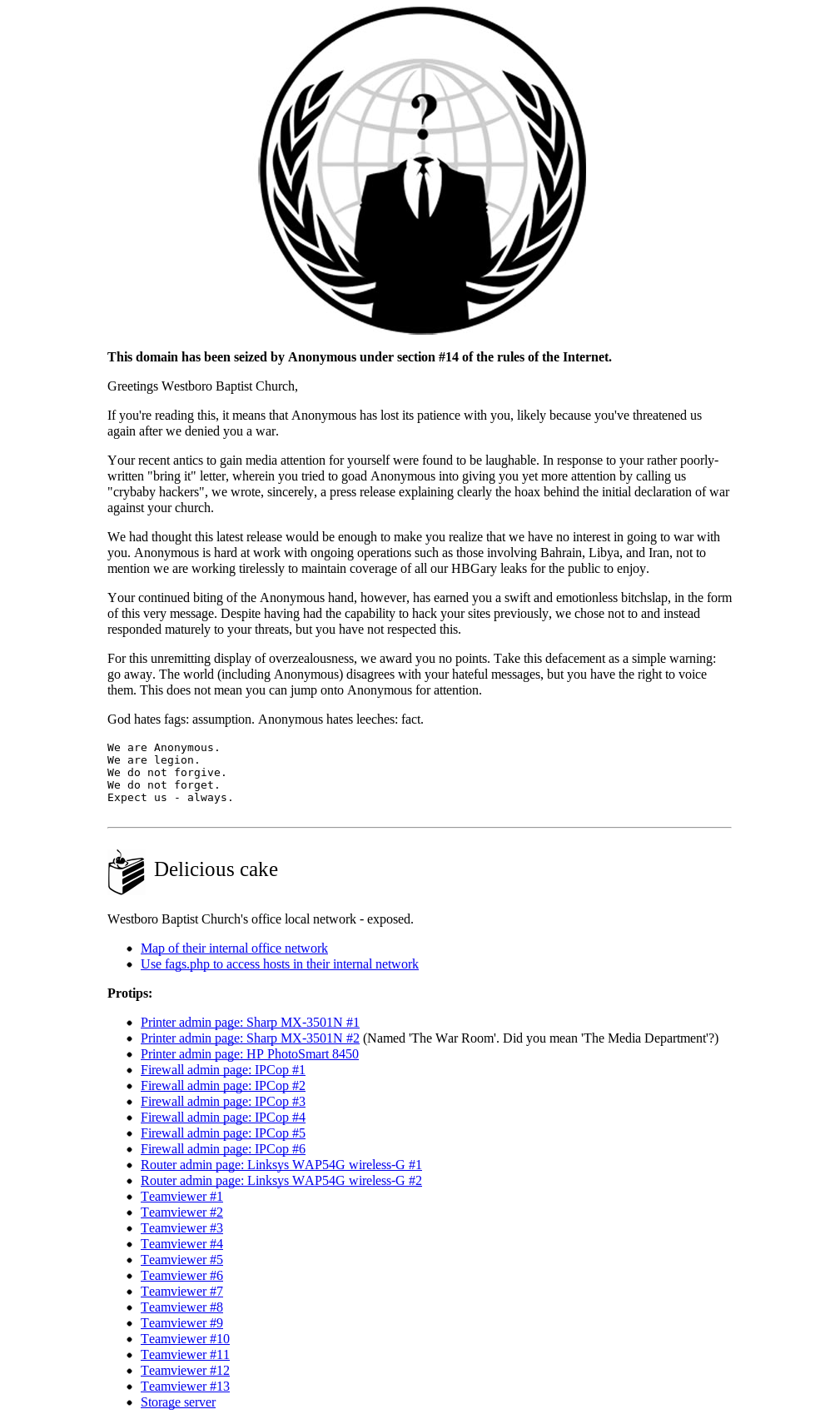 A warning notice issued by Anonymous to the Westboro Baptist Church