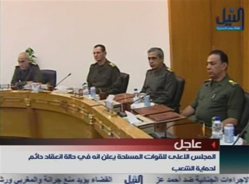 Members of Egypt's military supreme council attend a meeting  in this image taken from TV Thursday Feb. 10, 2011. President Hosni Mubarak will meet the demands of protesters, military and ruling party officials said Thursday in the strongest indication yet that Egypt's longtime president may be about to give up power and that the armed forces were seizing control. The military's supreme council was meeting Thursday, without the commander in chief Mubarak, and announced on state TV its "support of the legitimate demands of the people." (AP Photo/Nile TV via APTN)  EGYPT OUT TV OUT (AP)