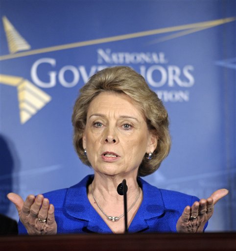 National Governors Association (NGA) Chair, Washington Gov. Christine Gregoire gestures during a news conference at the association's winter meeting in Washington, Saturday, Feb. 26, 2011. (AP Photo/Cliff Owen) (AP)