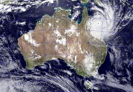 This image provided by NASA shows Tropical Cyclone Yasi as it approaches Queensland, Australia, Wednesday Feb. 2, 2011. This NEXSAT image captured this natural-color image at 04:32 GMT Wednesday Feb. 2, 2011. The Category 5 storm is expected to make landfall at approximately noon GMT Wednesday. Gusts up to 186 mph (300 kph) were expected when Cyclone Yasi strikes the Australian coast Wednesday after whipping across Australia's Great Barrier Reef. The storm front is more than 310 miles (500 kilometers) wide and Yasi is so strong, it could reach far inland before it significantly loses power. (AP Photo/NASA - Jeff Schmaltz) (AP)