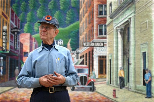 Ed Shepard, 87, who runs a full service gas station in Welch, W.Va., is seen in the Feb. 9, 2011, photo.  His gas station is the last of the dozen full service stations that used to service the town of Welch. According to the 2010 census, Welch also experienced more deaths than births. Shepard laments a prosperous era gone by when shoppers lined the streets and government lent a helping hand. Now, here as in one-fourth of all U.S. counties, West Virginia's graying residents are slowly dying off.  (AP Photo/Jon C. Hancock) (AP)