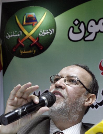 Senior member of Egypt's Muslim Brotherhood  Essam el-Erian talks during a press conference in Cairo, Egypt, Wednesday, Feb. 9, 2011. At top left is the Muslim Brotherhood logo.  (AP Photo/ Mohammed Abou Zaid) (AP)