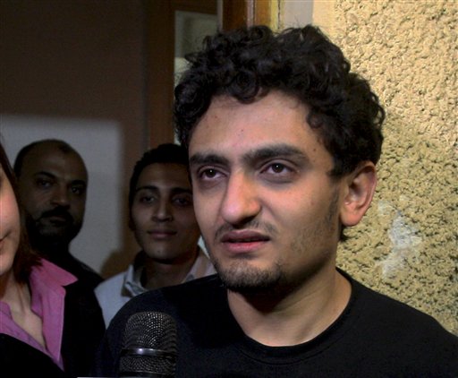 Egyptian Wael Ghonim, a Google Inc. marketing manager, talks at his home in Cairo, Egypt, Monday, Feb.7, 2011. A Google manager held in Egypt for about 10 days over anti-government protests was freed Monday.  (AP Photo/Ahmed Ali) (AP)