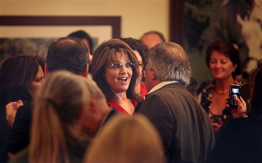 Former Republican Vice Presidential candidate and Alaskan Gov. Sarah Palin greets guests after speaking at the Reagan Ranch Center in Santa Barbara, Friday Feb. 4, 2011. Palin was the headline speaker for  the Ronald Reagan Centennial celebration opening reception hosted by the Young Americans Foundation.  (AP Photo/ Spencer Weiner) (AP)