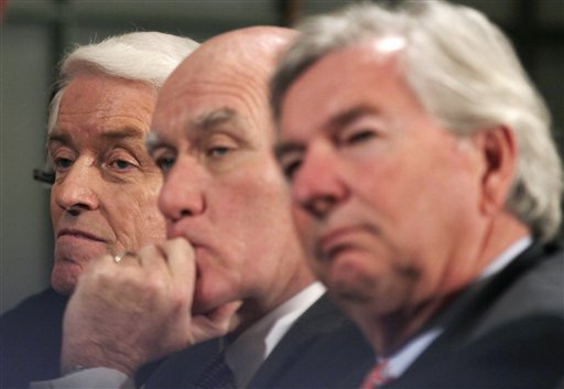From left, U.S. Chamber of Commerce President and CEO Thomas Donohue, White House Chief of Staff, and Thomas D. Bell Jr., Chairman of the Board of Directors of the U.S. Chamber of Commerce, look on as  President Barack Obama speaks at the U.S. Chamber of Commerce in Washington, Monday, Feb. 7, 2011. (AP Photo/Carolyn Kaster) (AP)