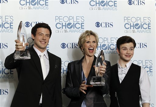 From left, Cory Monteith, Jane Lynch, and Chris Colfer pose for a photo backstage with the award for favorite TV comedy for "Glee" at the People's Choice Awards on Wednesday, Jan. 5, 2011, in Los Angeles. (AP Photo/Matt Sayles) (AP)