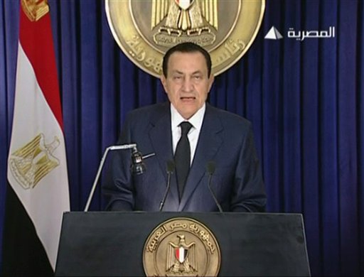 In this image from Egyptian state television aired Tuesday evening Feb. 1, 2011, Egyptian President Hosni Mubarak delivers an address announcing he will not run for a new term in office in September elections, but rejected demands that he step down immediately and leave the country, vowing to die on Egypt's soil. (AP Photo/Egyptian State Television via APTN) EGYPT OUT TV OUT (AP)