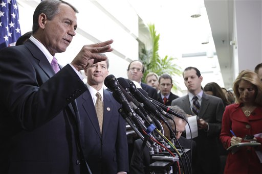 House Speaker John Boehner of Ohio, and Rep. Jeb Hensarling, R-Texas, meet with reporters on Capitol Hill in Washington,  Tuesday, Jan. 25, 2011, after their closed GOP caucus meeting ahead of President Barack Obama's State of the Union speech. (AP Photo/Charles Dharapak) (AP)