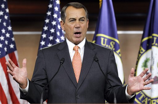 House Speaker John Boehner of Ohio gestures during a news conference on Capitol Hill in Washington, Thursday, Feb. 17, 2011. (AP Photo/Alex Brandon) (AP)