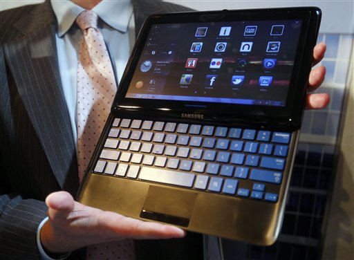 This Wednesday, Jan. 5, 2011 picture shows a Samsung 7 Series sliding PC during a preview for the Consumer Electronics Show in Las Vegas. The tablet computer contains a sliding keyboard. (AP Photo/Isaac Brekken) (AP)