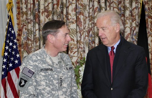 U.S. Vice President Joe Biden, right, speaks with Gen. David Petraeus NATO's top commander in Afghanistan during a press event in Kabul, Afghanistan, Monday, Jan. 10, 2011. Vice President Joe Biden was in Afghanistan Monday for a surprise visit aimed at assessing progress in handing over security from foreign to Afghan forces, a key issue that comes against a backdrop of mounting concerns in the U.S. over the gains made in the nearly decade-long war. (AP Photo/Musadeq Sadeq) (AP)