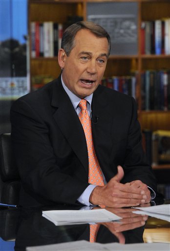 In this photo released by NBC House Speaker Rep. John Boehner, R-Ohio, speaks about the 2012 budget on NBC's "Meet the Press" in Washington Sunday, Feb. 13, 2011. Boehner said he wants President Barack Obama to support Republican efforts to make deep cuts in this year's budget as a down payment in the effort to attack soaring deficits. He sent a letter to the President saying the path to prosperity for the country means "liberating our economy from the shackles of out-of-control government spending and big government."  (AP Photo/NBC, William B. Plowman)  NO ARCHIVES. NO SALES. (AP)