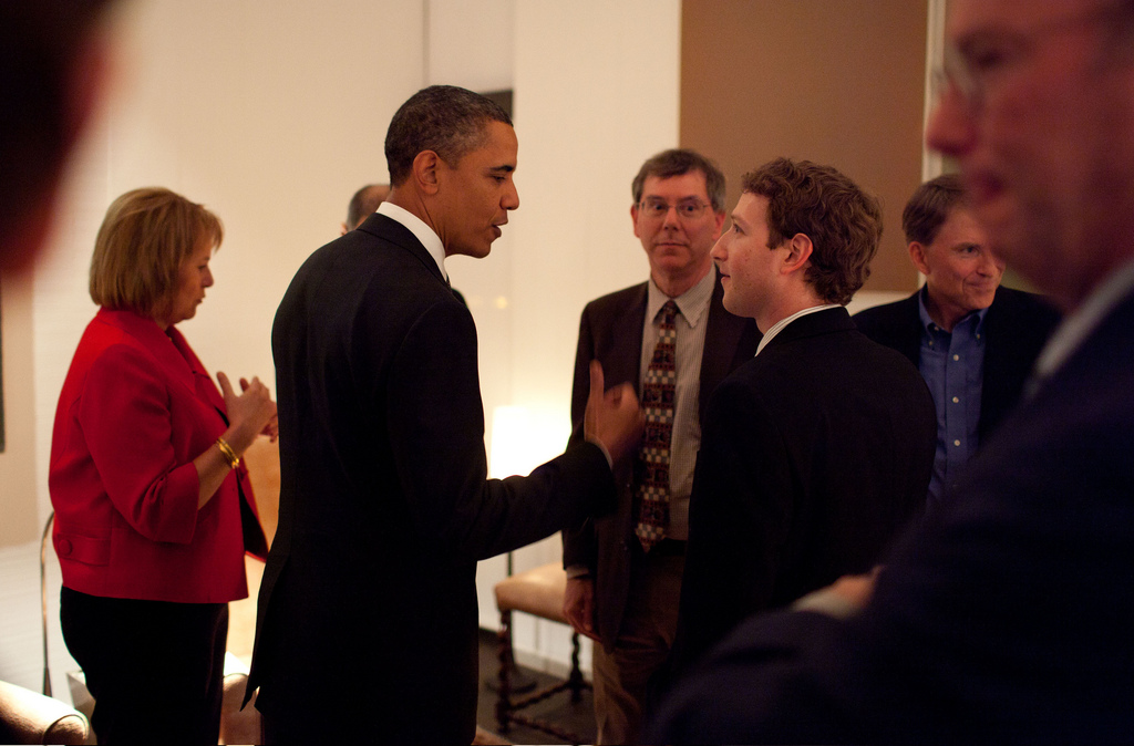 President Barack Obama talks with Facebook CEO Mark Zuckerberg before a dinner with Technology Business Leaders in Woodside, California, Feb. 17, 2011.
 (Official White House Photo by Pete Souza)
This official White House photograph is being made available only for publication by news organizations and/or for personal use printing by the subject(s) of the photograph. The photograph may not be manipulated in any way and may not be used in commercial or political materials, advertisements, emails, products, promotions that in any way suggests approval or endorsement of the President, the First Family, or the White House. (The White House)