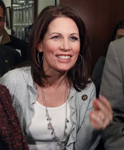 Rep. Michele Bachmann, R-Minn., speaks during the "Hot Dish Off," cooking contest in the office of Sen. Al Franken, D-Minn., on Capitol Hill in Washington, Wednesday, Jan. 26, 2011. (AP Photo/Alex Brandon) (AP)