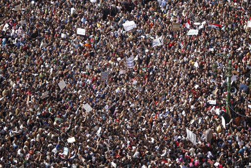 The crowd gathers in Tahrir or Liberation Square in Cairo, Egypt, Tuesday, Feb. 1, 2011. More than a quarter-million people flooded into the heart of Cairo Tuesday, filling the city's main square in by far the largest demonstration in a week of unceasing demands for President Hosni Mubarak to leave after nearly 30 years in power. (AP Photo/Tara Todras-Whitehill) (AP)