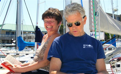 FILE - In this June 11, 2005 file photo provided by Joe Grande, Phyllis Macay and Bob Riggle are seen on a yacht in Bodega Bay, Calif. The U.S. military says Tuesday, Feb. 22, 2011 that pirates killed four American hostages they were holding on the yacht Quest off Somalia's coast.  The victims are the Quest's owners, Scott and Jean Adam of California, and Macay and Riggle, both of Seattle. (AP Photo/Joe Grande, File) NO SALES (AP)