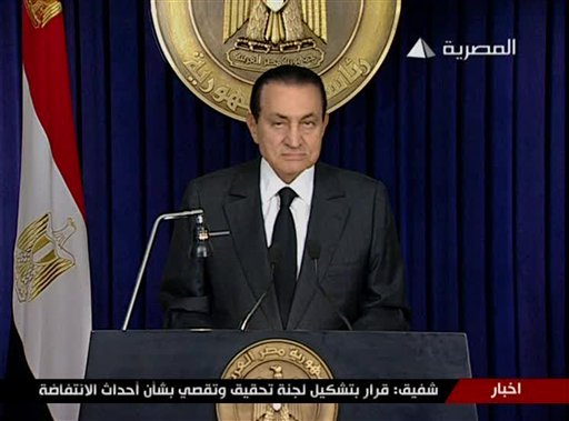 Egyptian President Hosni Mubarak begins to make a televised statement to his nation in this image taken from TV aired Thursday Feb. 10, 2011. Following more than two weeks of protests, anti-government demonstrators have been given hope by official statements suggesting that President Mubarak may step down after 30 years in power.  (AP Photo/ Egypt TV via APTN)  EGYPT OUT TV OUT (AP)