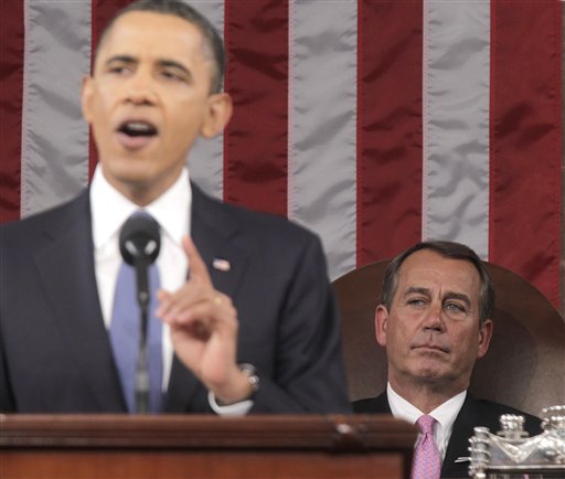 House Speaker John Boehner of Ohio watches as President Barack Obama delivers his State of the Union address on Capitol Hill in Washington, Tuesday, Jan. 25, 2011.  (AP Photo/Pablo Martinez Monsivais, Pool) (AP)