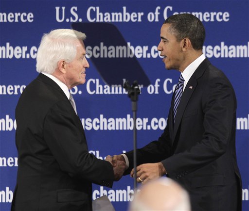 President Barack Obama is introduced by U.S. Chamber of Commerce President and CEO Thomas Donohue before speaking at the U.S. Chamber of Commerce in Washington, Monday, Feb. 7, 2011. (AP Photo/Charles Dharapak) (AP)