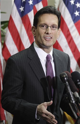 House Majority Leader Eric Cantor of Va., speaks to reporters on Capitol Hill in Washington, Tuesday, Jan. 25, 2011, after a closed GOP caucus meeting ahead of President Barack Obama's State of the Union speech. (AP Photo/Charles Dharapak) (AP)