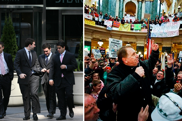Teamsters President James Hoffa speaks at a rally in the state Capitol in Madison, Wis. Right: People leave Bear Stearns on Monday, March 24, 2008 in New York.