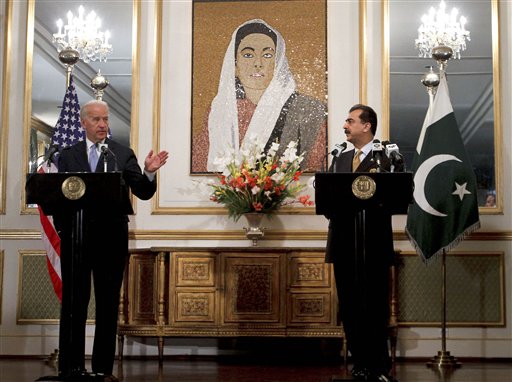 U.S. Vice President Joe Biden, left, gestures as Pakistani Prime Minister Yusuf Raza Gilani, right, looks on during a joint press conference at Prime Minister's residence in Islamabad, Pakistan on Wednesday, Jan. 12, 2011. Biden met with Pakistan leaders as part of American efforts to get Islamabad to intensify the fight against Islamist militants sheltering along the Afghan border. (AP Photo/Anjum Naveed) (AP)