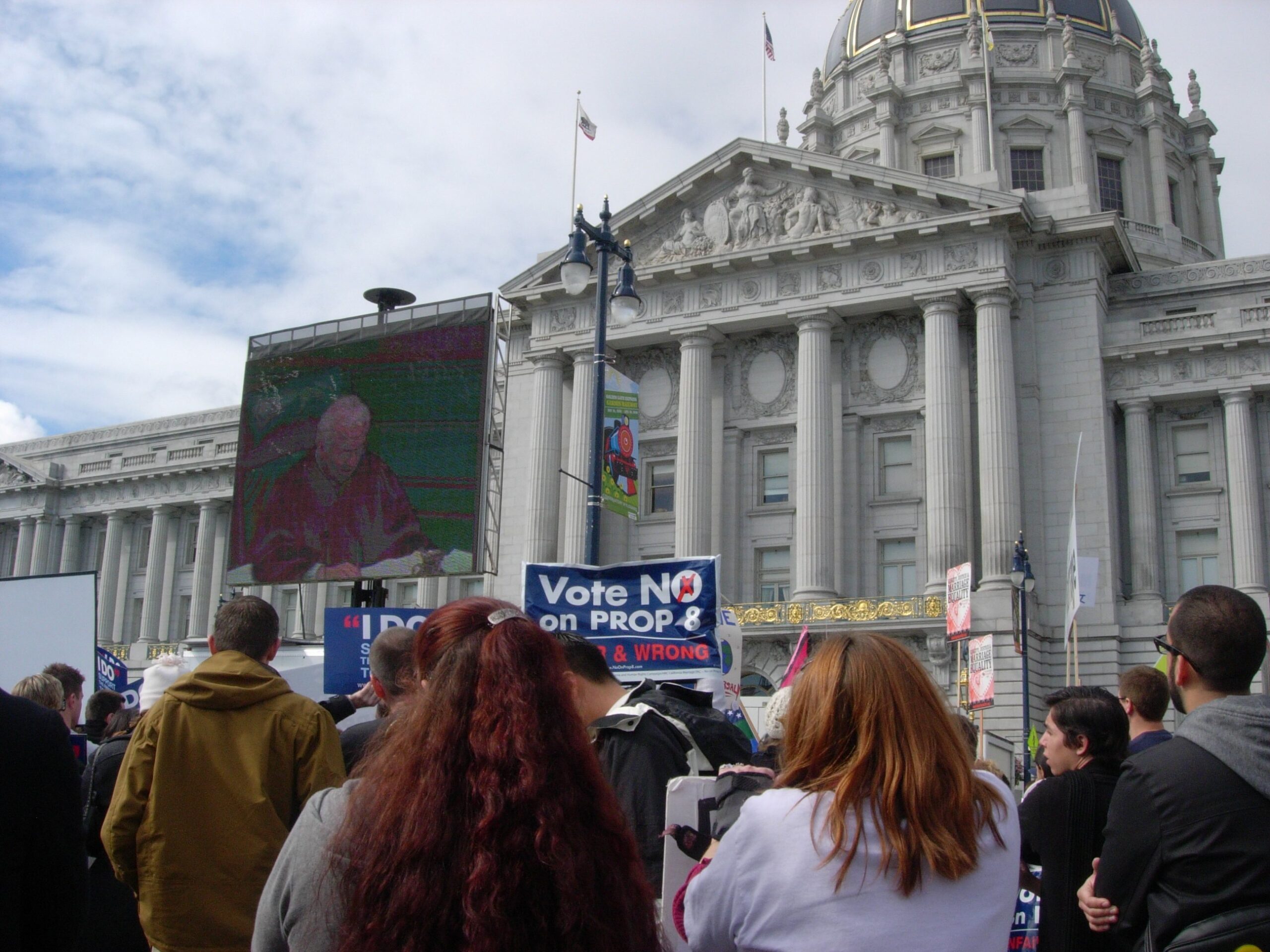 Prop 8 protesters gather outside the California Supreme Court in San Francisco to watch proceedings in 2009.