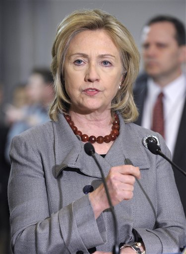 Secretary of State Hillary Rodham Clinton speaks to reporters on Capitol Hill in Washington, Thursday, Feb. 17, 2011, following an all-Senators meeting on Egypt. (AP Photo/Susan Walsh) (AP)