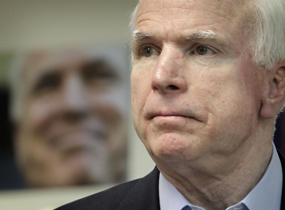 U.S. Sen. John McCain, (R-Ariz.) speaks to volunteers at his campaign headquarters Monday, Nov. 1, 2010 in Phoenix. (AP Photo/Matt York) (Matt York)