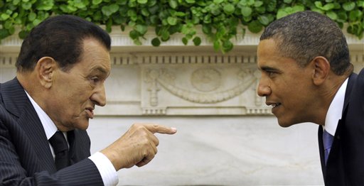 FILE - In a Sept. 1, 2010 file photo, President Barack Obama meets with Egyptian President Hosni Mubarak, in the Oval Office of the White House in Washington. More than a quarter-million people flooded Cairo's main square Tuesday, Feb. 1, 2011 in a stunning and jubilant array of young and old, urban poor and middle class professionals, mounting by far the largest protest yet in a week of unrelenting demands for Mubarak to leave after nearly 30 years in power. (AP Photo/Susan Walsh, File) (AP)