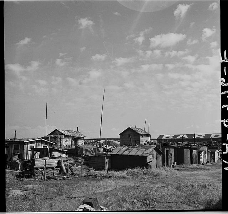 Squatters' shacks along the Willamette River, Portland, Oregon in 1936.