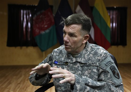 U.S. Lt. Gen. William Caldwell, the commander of NATOs mission to train Afghan policemen and soldiers Kabul, speaks during an interview with The Associated Press in Kabul, Afghanistan, Saturday, Feb, 12, 2011.  Caldwell says more nations are pledging support, yet the coalition still faces a shortage of 740 trainers needed to get the Afghan security forces ready to take the lead in securing their nation by the end of 2014. On Saturday, Latvia and Lithuania pledged 16 and 23 trainers to mentor the Afghan Air Force in Kandahar in southern Afghanistan. (AP Photo/Dar Yasin) (AP)