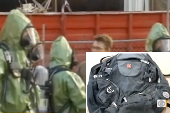 Inset: a backpack containing a sophisticated explosive found along the route of a Martin Luther King Jr. Day parade Monday, Jan. 17, 2010 in Spokane, Wash.