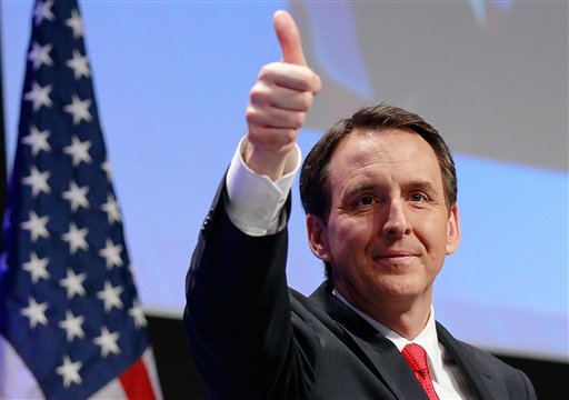 Former Minnesota Gov. Tim Pawlenty, gives thumbs up after speaking at the Conservative Political Action Conference (CPAC) in Washington, Friday, Feb. 11, 2011.(AP Photo/Alex Brandon) (AP)