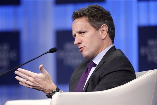 United States Secretary of the Treasury Timothy Geithner speaks during a session at the World Economic Forum in Davos, Switzerland on Friday, Jan. 28, 2011. In a nod to the post-crisis atmosphere, the World Economic Forum shifts its attention on Friday to austerity measures and priorities for improving the economy. (AP Photo/Michel Euler) (AP)