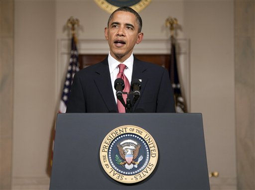 President Barack Obama speaks about the situation in Egypt in the Grand Foyer of the White House in Washington, Tuesday, Feb. 1, 2011. (AP Photo/Evan Vucci) (AP)