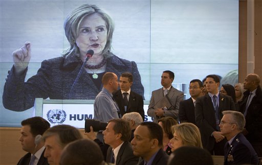 Human Rights council members follow a speech by U.S. Secretary of State Hillary Rodham Clinton at the Human Rights Council in Geneva, Switzerland, Monday Feb. 28, 2011. The 27-nation bloc agreed an arms embargo, asset freeze and visa ban against Libyan strongman Moammar Gadhafi on Monday. (AP Photo/Anja Niedringhaus) (AP)