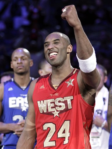 West's Kobe Bryant celebrates his team's 148-143 win against the East All-Star team after the NBA basketball All-Star Game in Los Angeles, Sunday, Feb. 20, 2011. (AP Photo/Jae C. Hong) (AP)